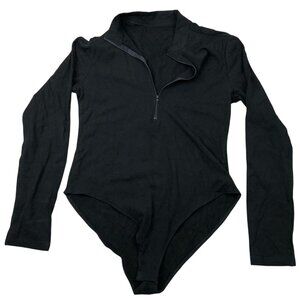 Mango Pop Women Bodysuit Size XL Black Long-Sleeve Half-Zip Pullover Casual Chic
